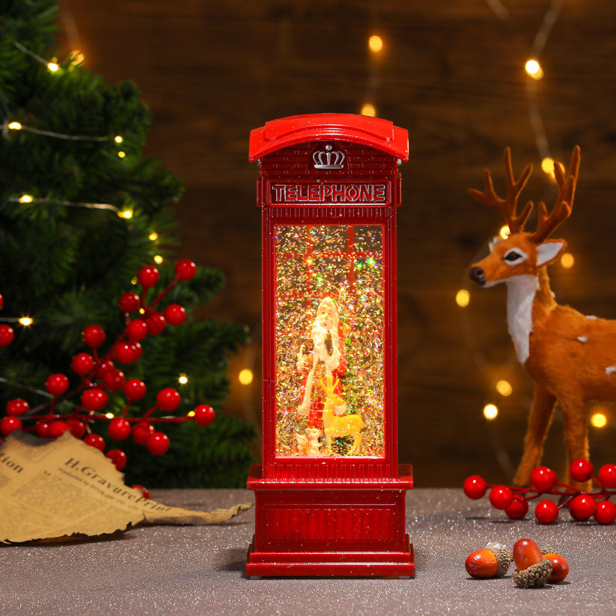 Christmas Snow Globe with a Red Telephone Box and Tree Scene | Shake It for Swirling Snowflakes | Festive Decorations, 3 Designs