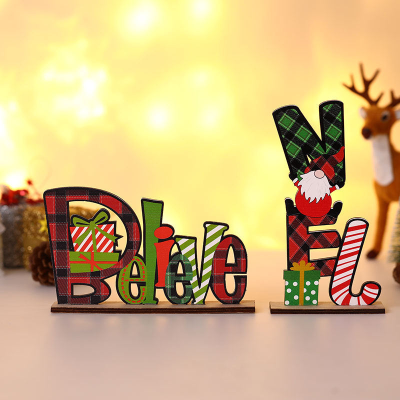 Wooden Christmas Table Sign with Noel and Joy Lettering | Freestanding Block Decor with Festive Character | Three Designs, Lightweight