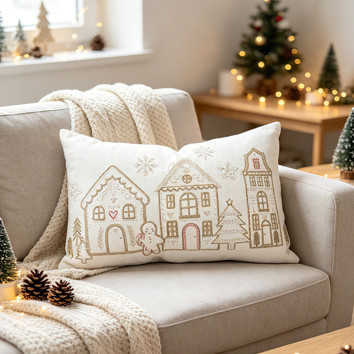 Christmas Bedroom Pillow Cover with Embroidered Gingerbread Houses | Soft Velvet Style Fabric, Hidden Zipper | Six Designs, Two Sizes