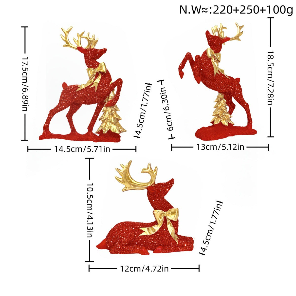 Reindeer Figurine with Glitter Accents and a Festive Bow | Christmas Deer Decor in Gold, Silver, White or Red | Holiday Sculpture