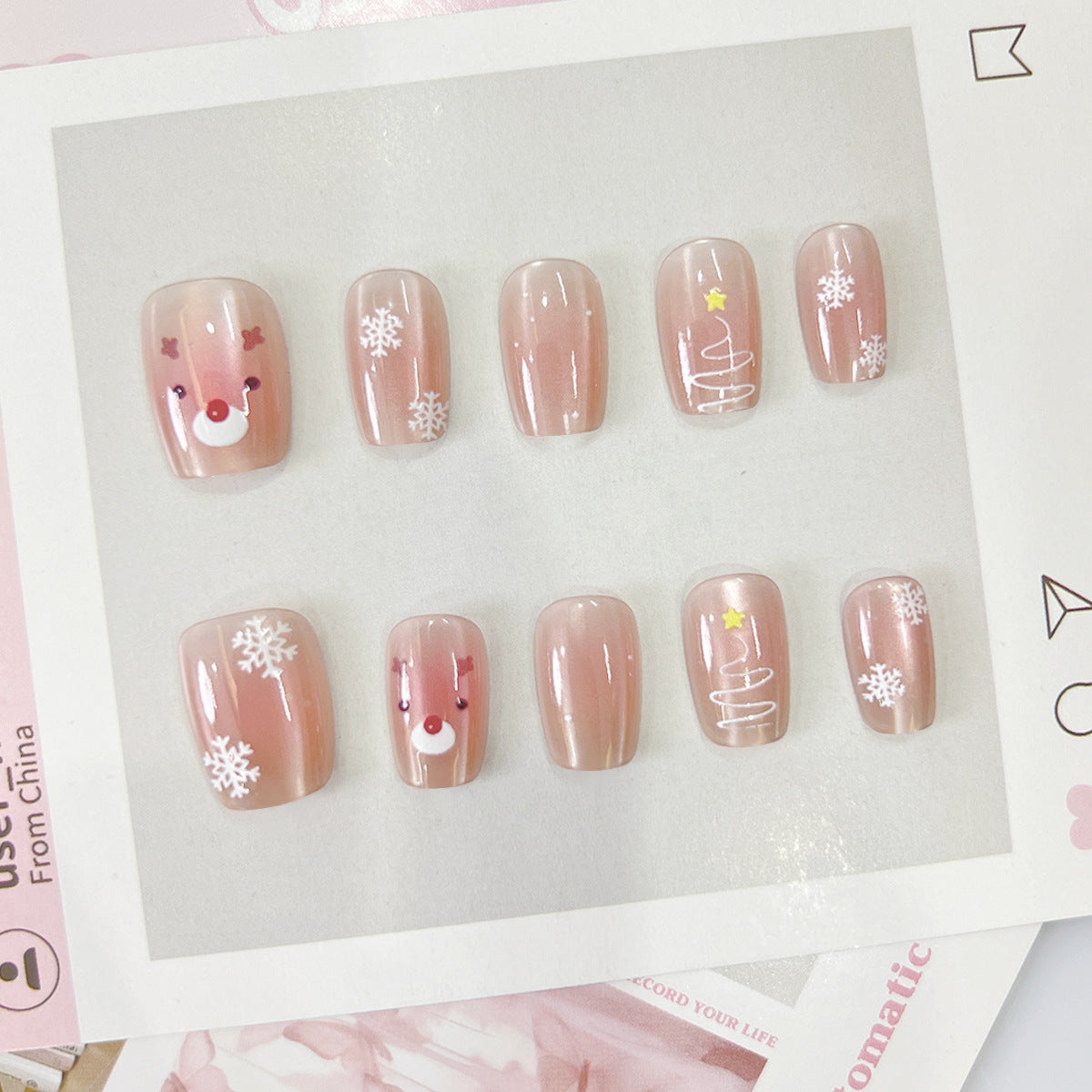 Reindeer Christmas Nails with Snowflake and Tree Motifs | Press On Fingernails in Mixed Sizes | Festive Winter Manicure