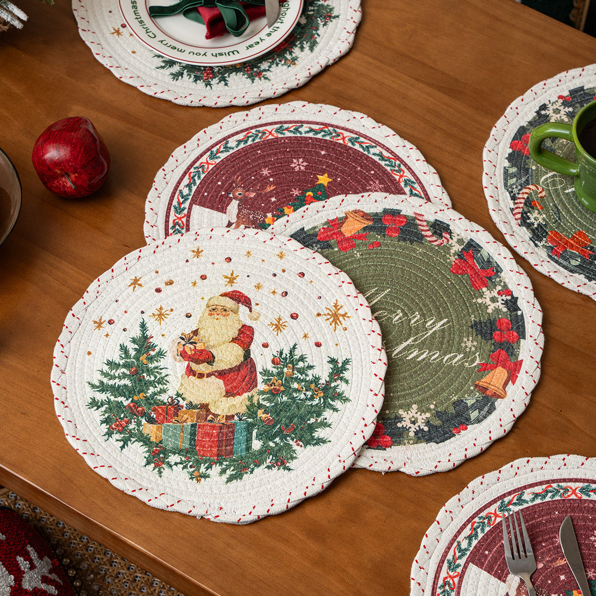 Round Braided Christmas Placemats | Santa, Tree and Reindeer Prints in Six Designs | Woven Cotton Table Decorations