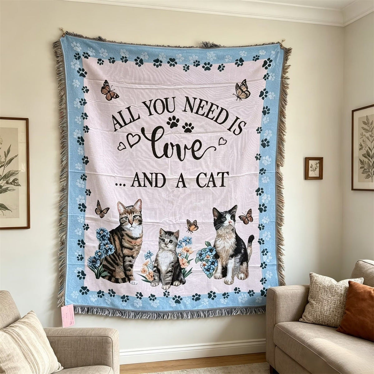Woven Cat Throw with Fringed Edge and Paw Print Border | Warm Blanket for Sofa and Bed | 51 x 63 in, 2 Designs