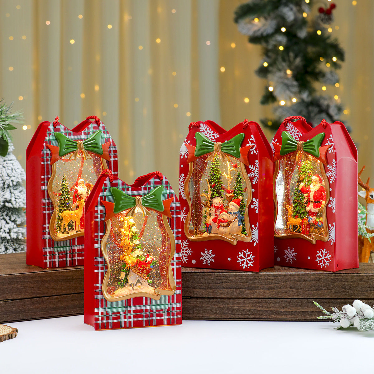 Christmas Gift Bag with a Santa Window Scene | Sturdy Paper with Twisted Handles and Glitter Trim | Doubles as Table Decorations