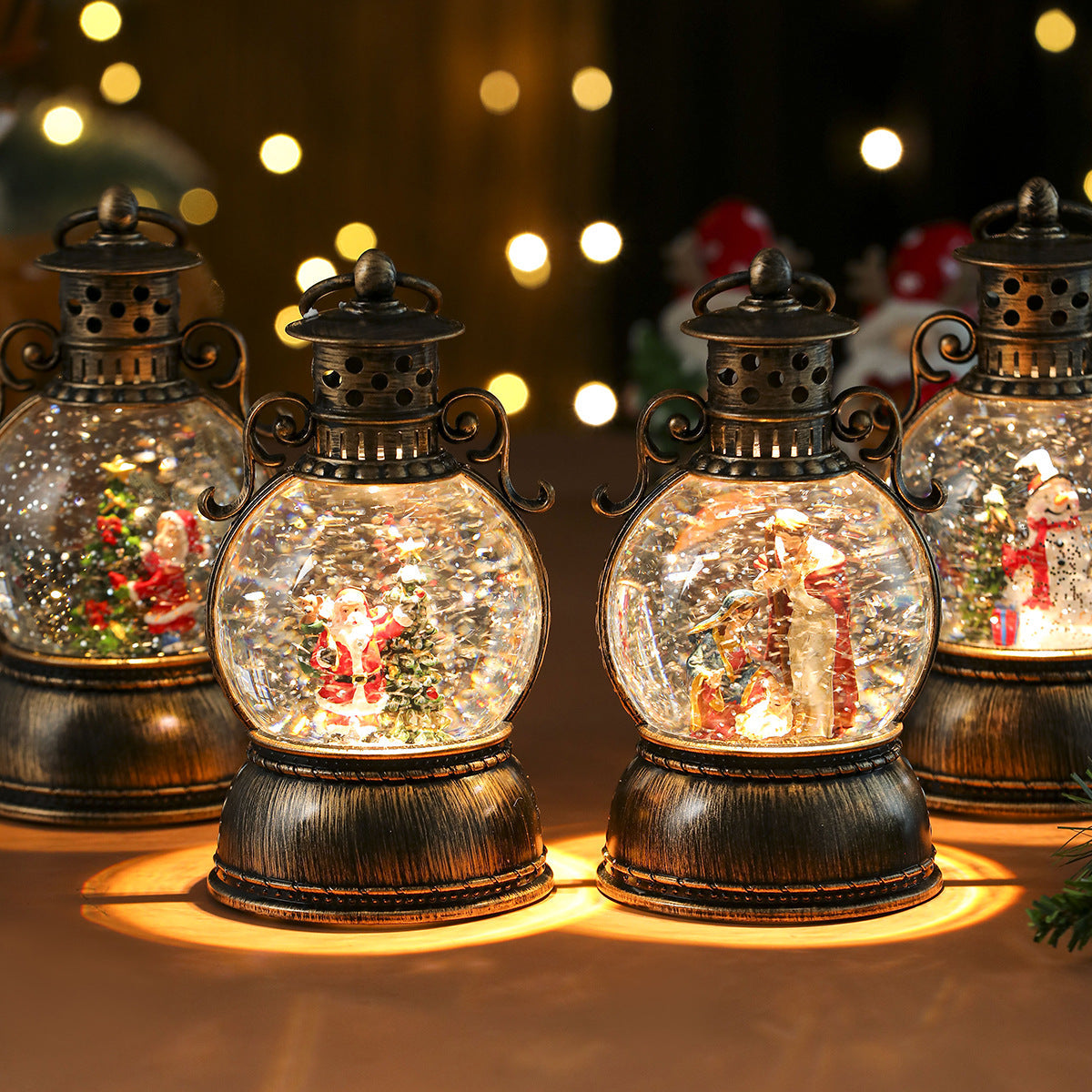 LED Christmas Lights in a Glass Dome Lantern with Santa and a Fir Tree | Warm Candlelight Effect | Battery Powered, No Socket