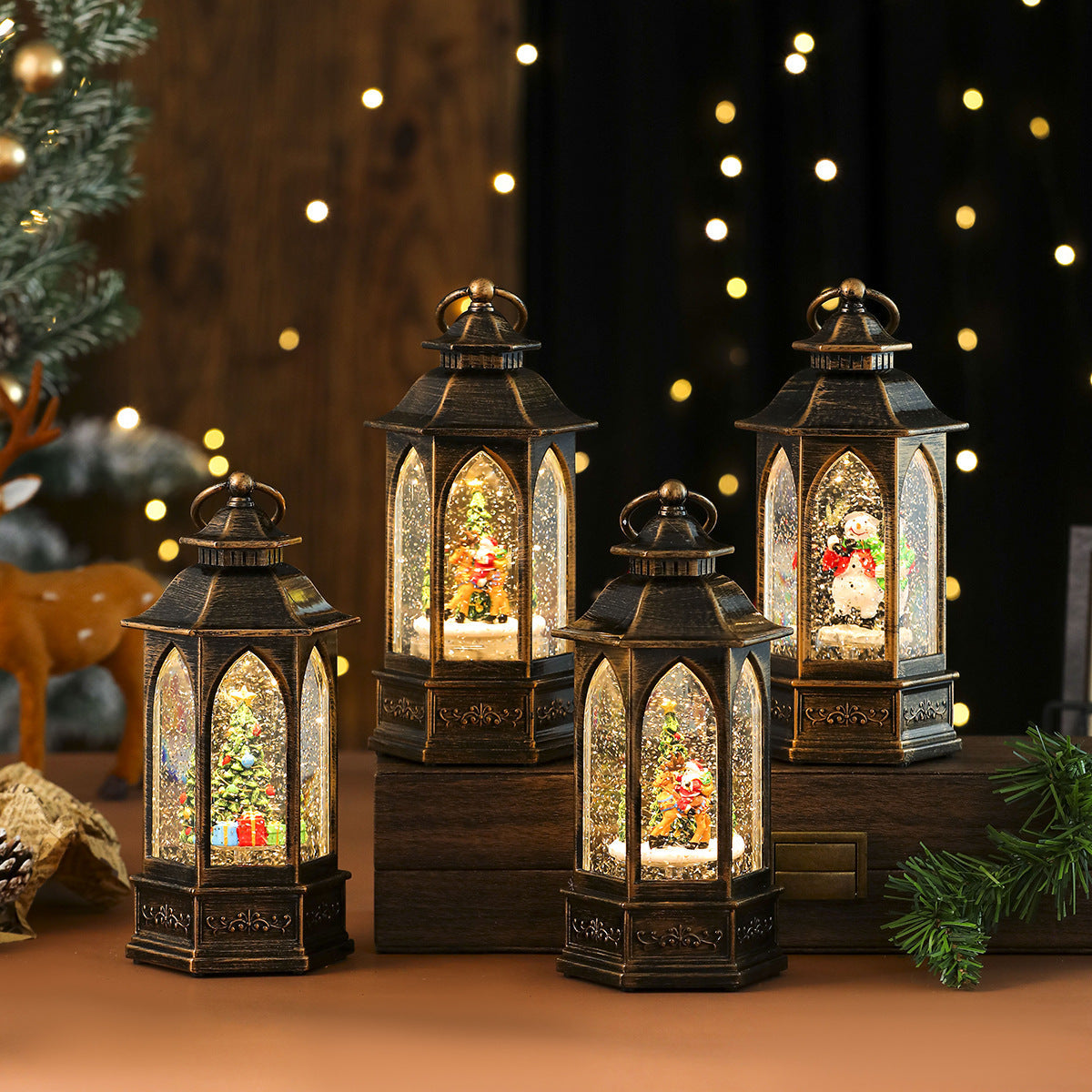 Battery Operated Christmas Lights in a Glitter Filled Lantern | Santa and Snowman Scenes Inside | Warm Cordless Tabletop Decor