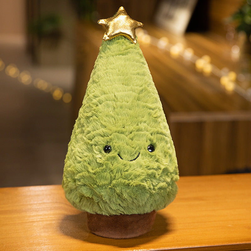Plush Christmas Tree with a Smiling Embroidered Face | Glitter Star Top and Faux Fur Surface | Soft Toy and Shelf Decorations
