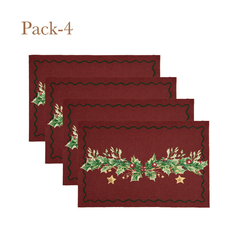Christmas Placemat Set with Merry Lettering and Holly Accents | Red and Green Scalloped Table Mats | Flat Wipe Clean Decorations