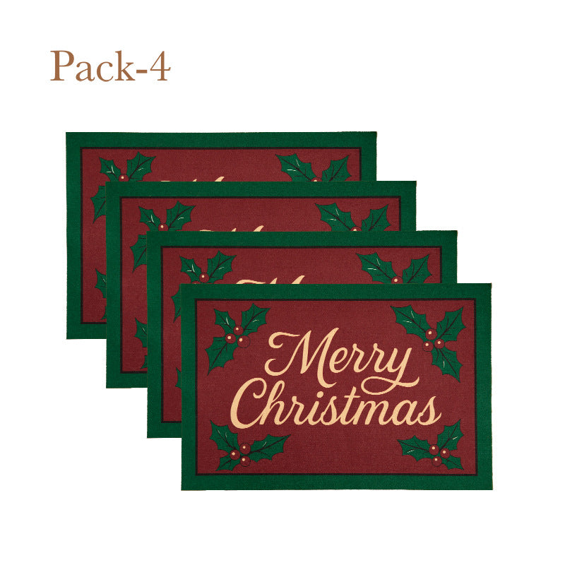 Christmas Placemat Set with Merry Lettering and Holly Accents | Red and Green Scalloped Table Mats | Flat Wipe Clean Decorations