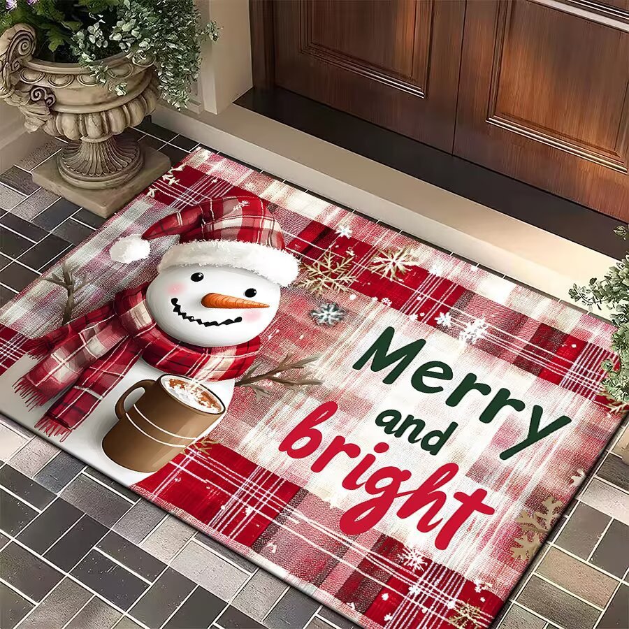 Christmas Door Mat with Santa, Reindeer and Ornaments | Festive Xmas Welcome Rug for the Porch | Holiday Entrance Decor