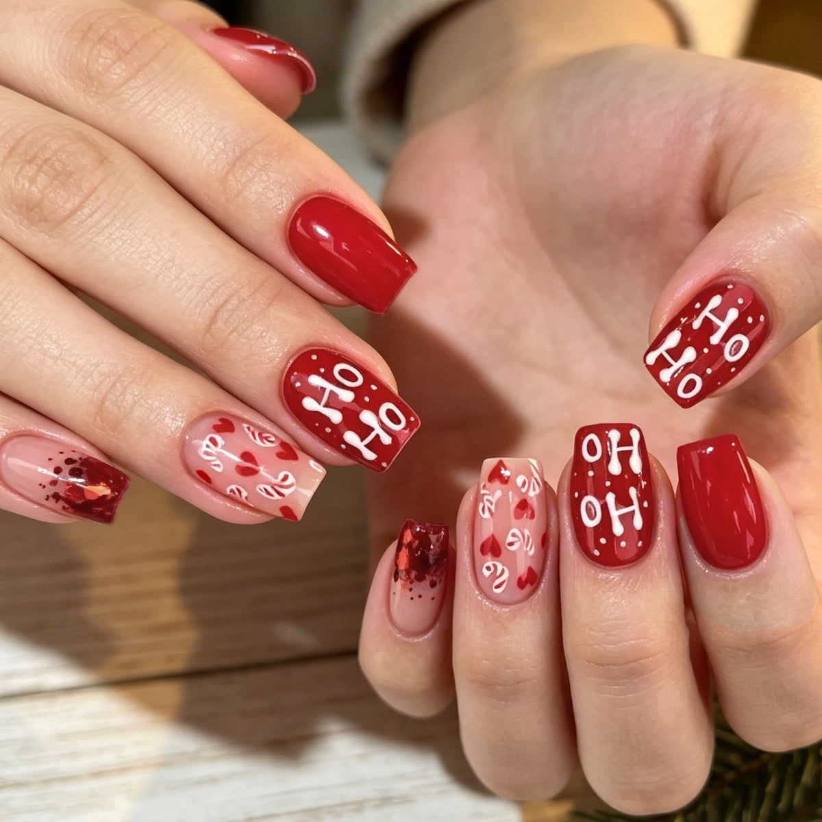 Pink Christmas Nails with Candy Cane and Lettering Art | Glossy Chip Resistant Tips | Non Toxic Set with Tools