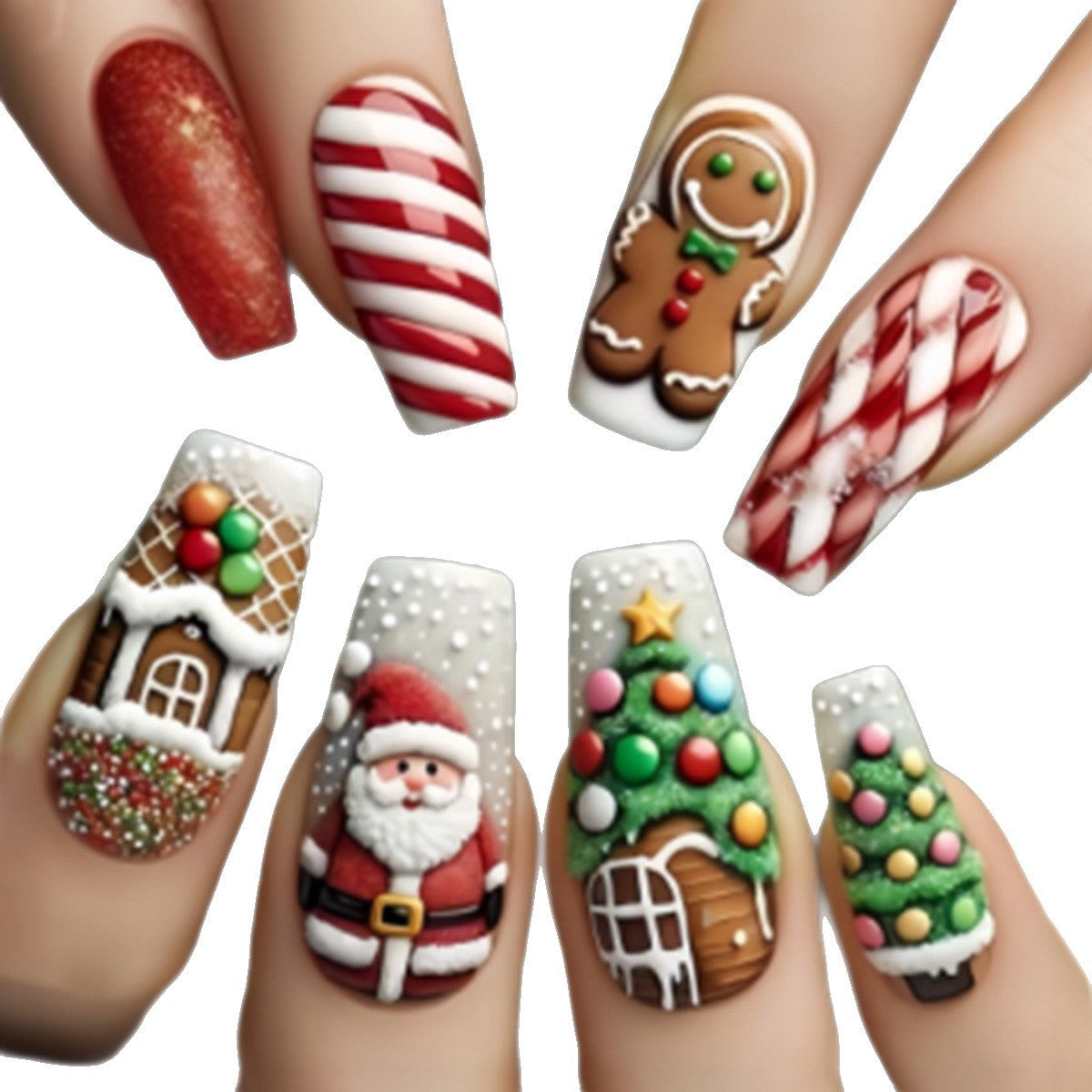 Gingerbread and Candy Cane Christmas Nails | Glossy Press On Nail Designs with Santa Motifs | Festive Winter Manicure