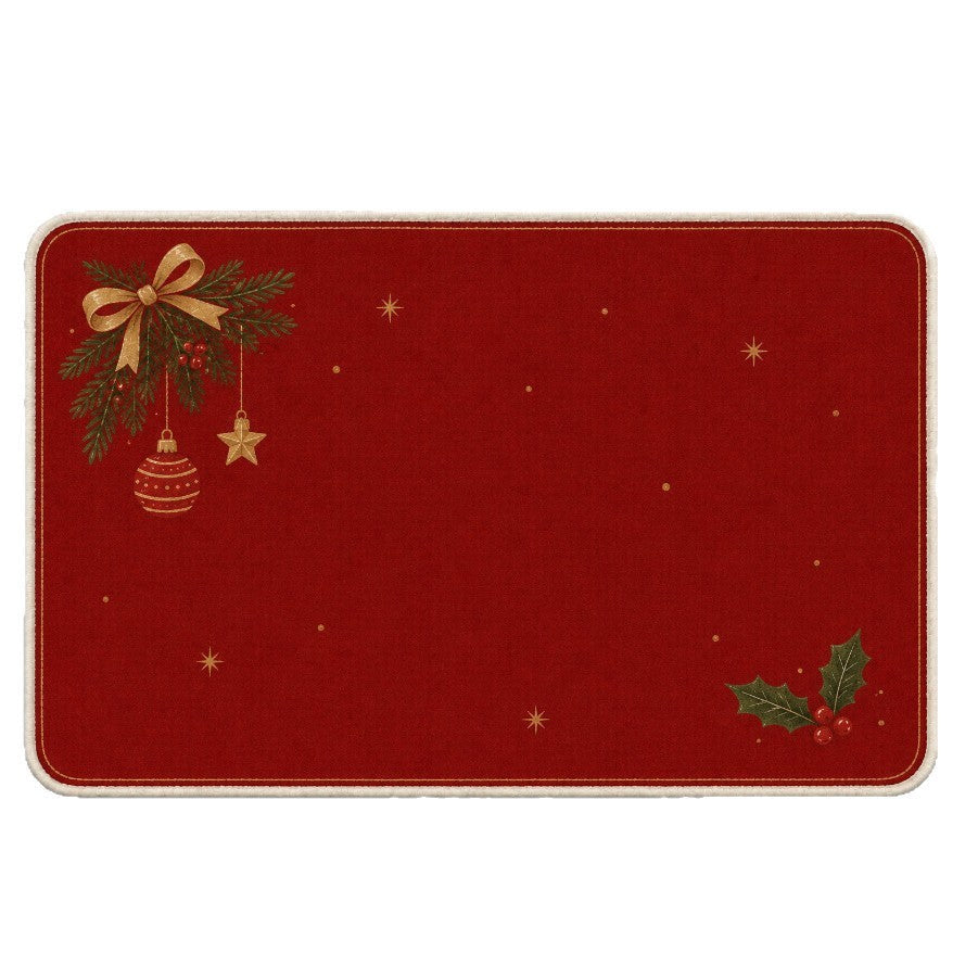 Red and Black Plaid Christmas Door Mat | Ornaments, Snowflakes and Gifts Print | Non-Slip Backing on a Festive Rug