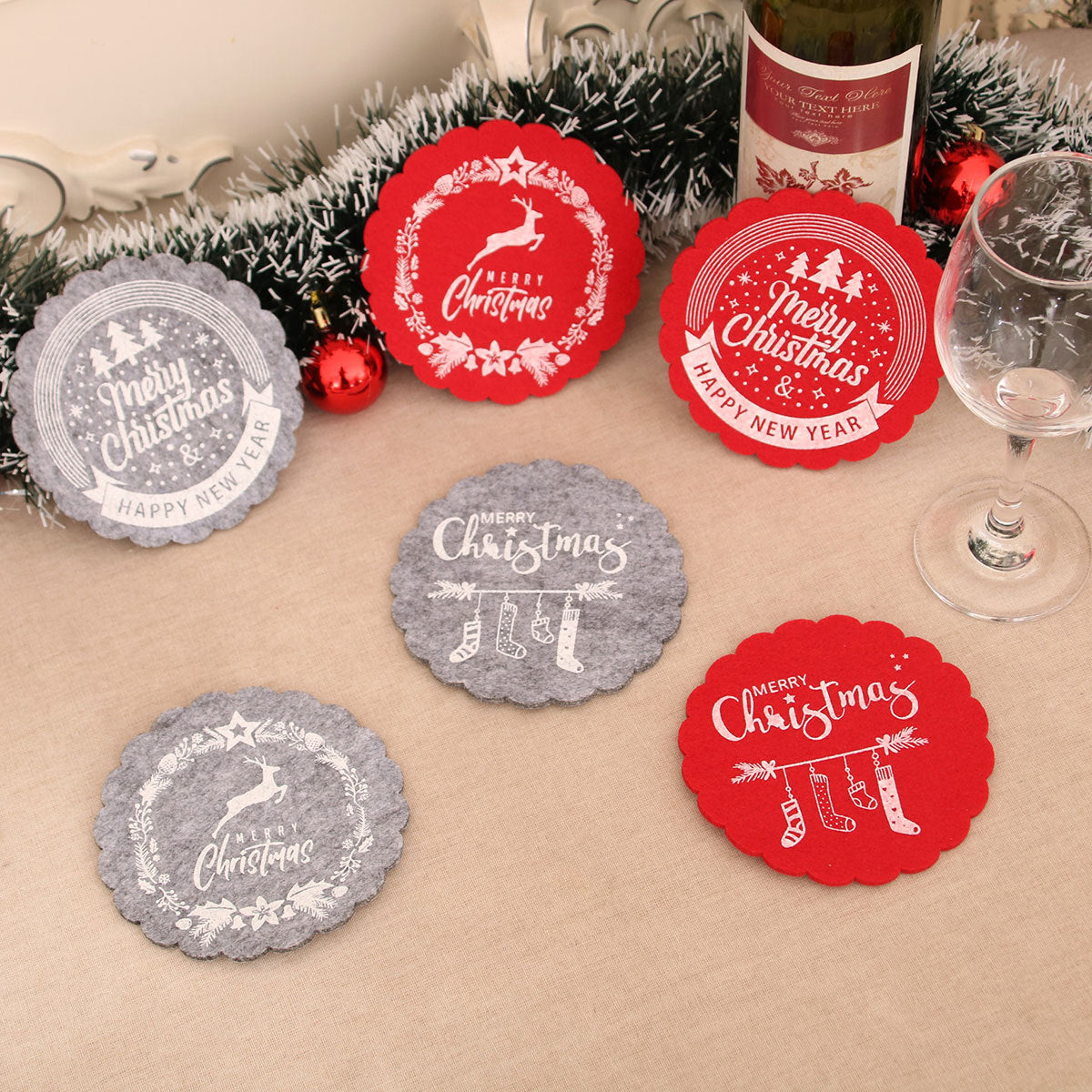 Felt Christmas Table Mats with Scalloped Edges and Merry Print | Round Placemats and Coasters, Two Colorways | Wipe Clean Decorations