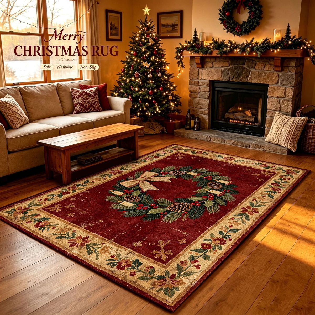 Christmas Area Rug with Snowflake and Pine Cone Pattern | Plush Soft Pile, Non-Slip Backing | Washable Holiday Floor Decor
