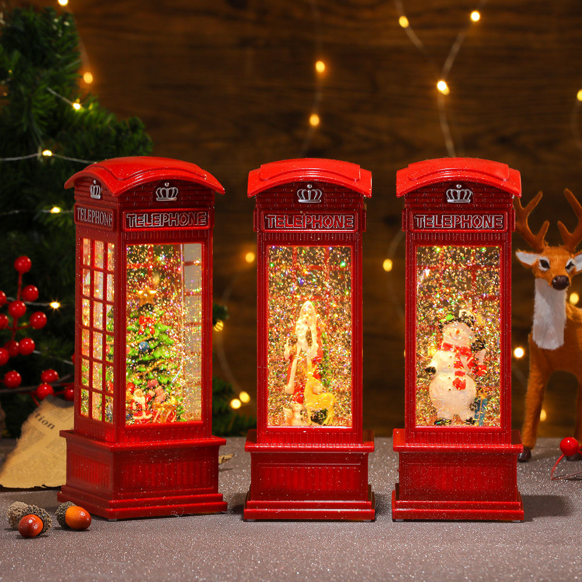 Christmas Snow Globe with a Red Telephone Box and Tree Scene | Shake It for Swirling Snowflakes | Festive Decorations, 3 Designs