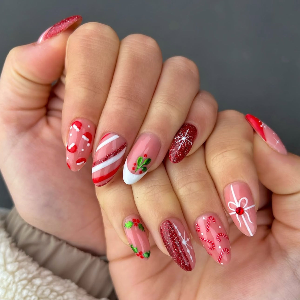 Candy Cane Nails with Christmas Snowflake Motifs | Glossy Press On Nail Designs | Festive Winter Manicure Kit for Home