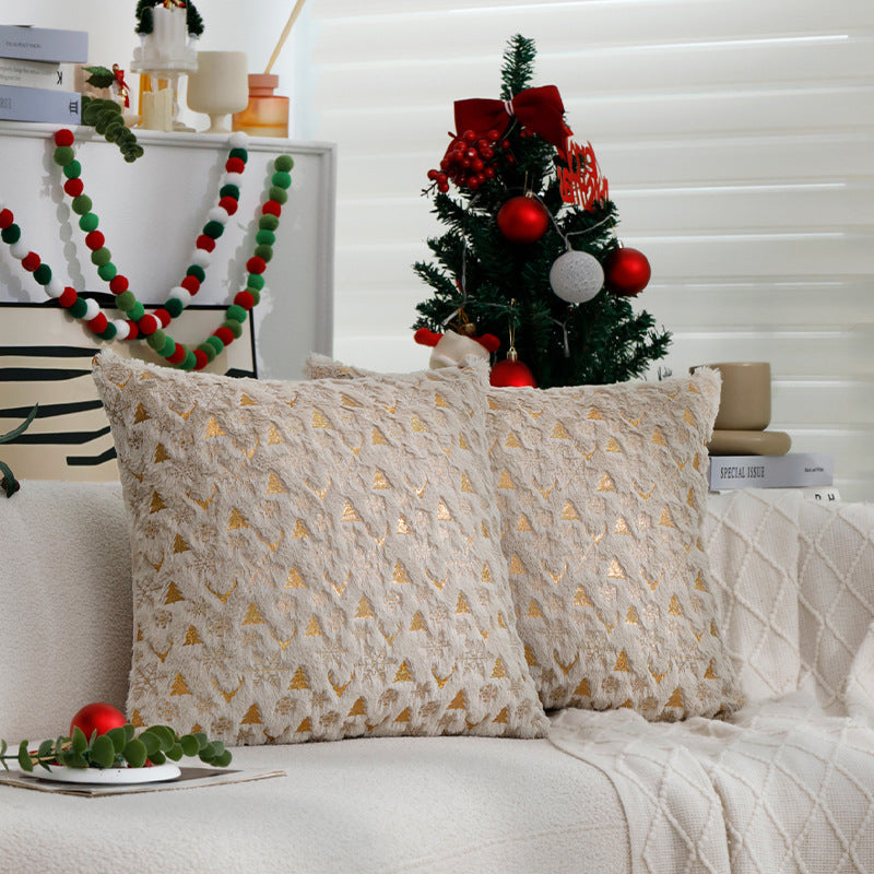 Velvet Pillow Cover with Metallic Deer and Tree Print | Hidden Zipper, Machine Washable | Christmas Decorations for Sofa