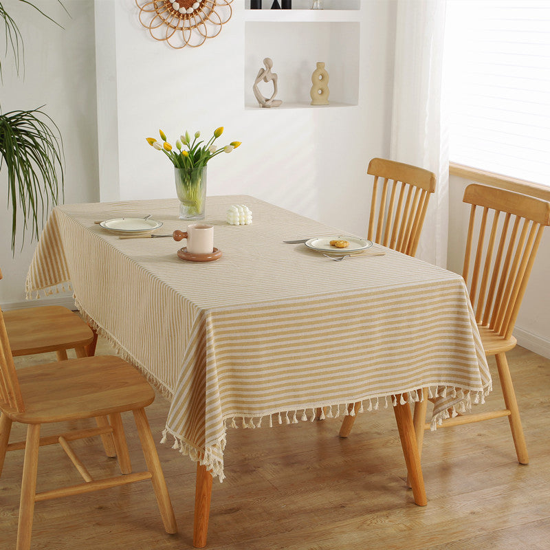 Striped Tablecloth with Tassel Fringe | Machine Washable Table Cover for Dining, Picnics and Events | 3 Colors