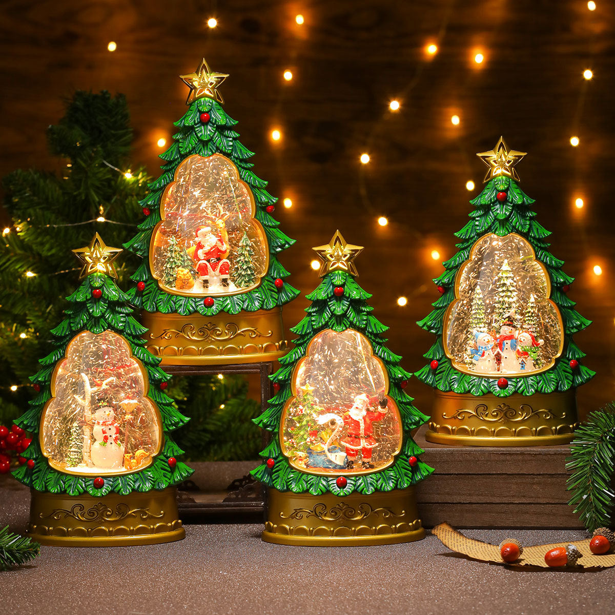 Snowman Inside a Lit Christmas Tree Dome | Star Topper and Painted Ornament Details | Warm LED Glow for Living Room Tables