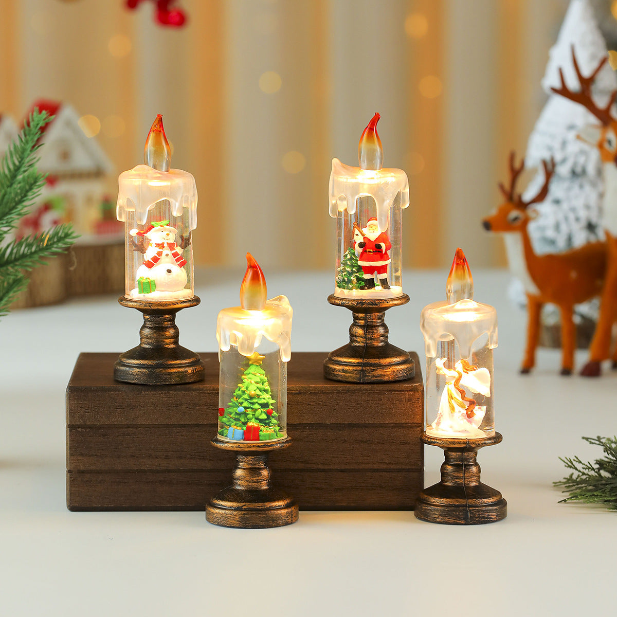 LED Christmas Candle Lights with a Santa or Tree Figure Inside | Warm White Glow on a Brass Look Stand | Switch Under the Base