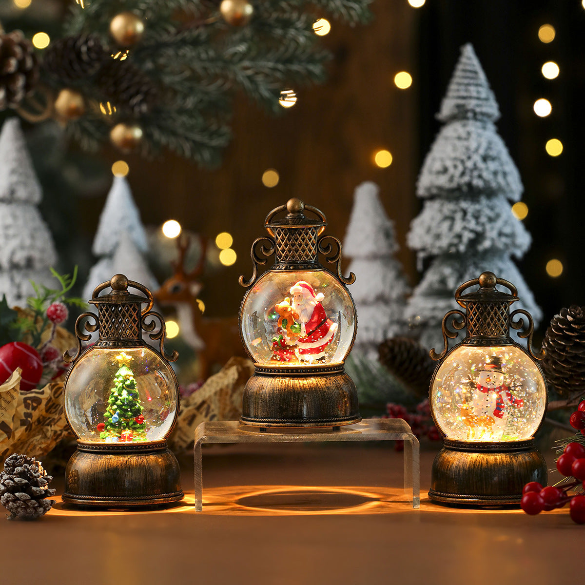 Globe Top Lantern with Santa's Reindeer Scene Inside | Energy Saving LED Glow | Christmas Tabletop and Mantel Decoration