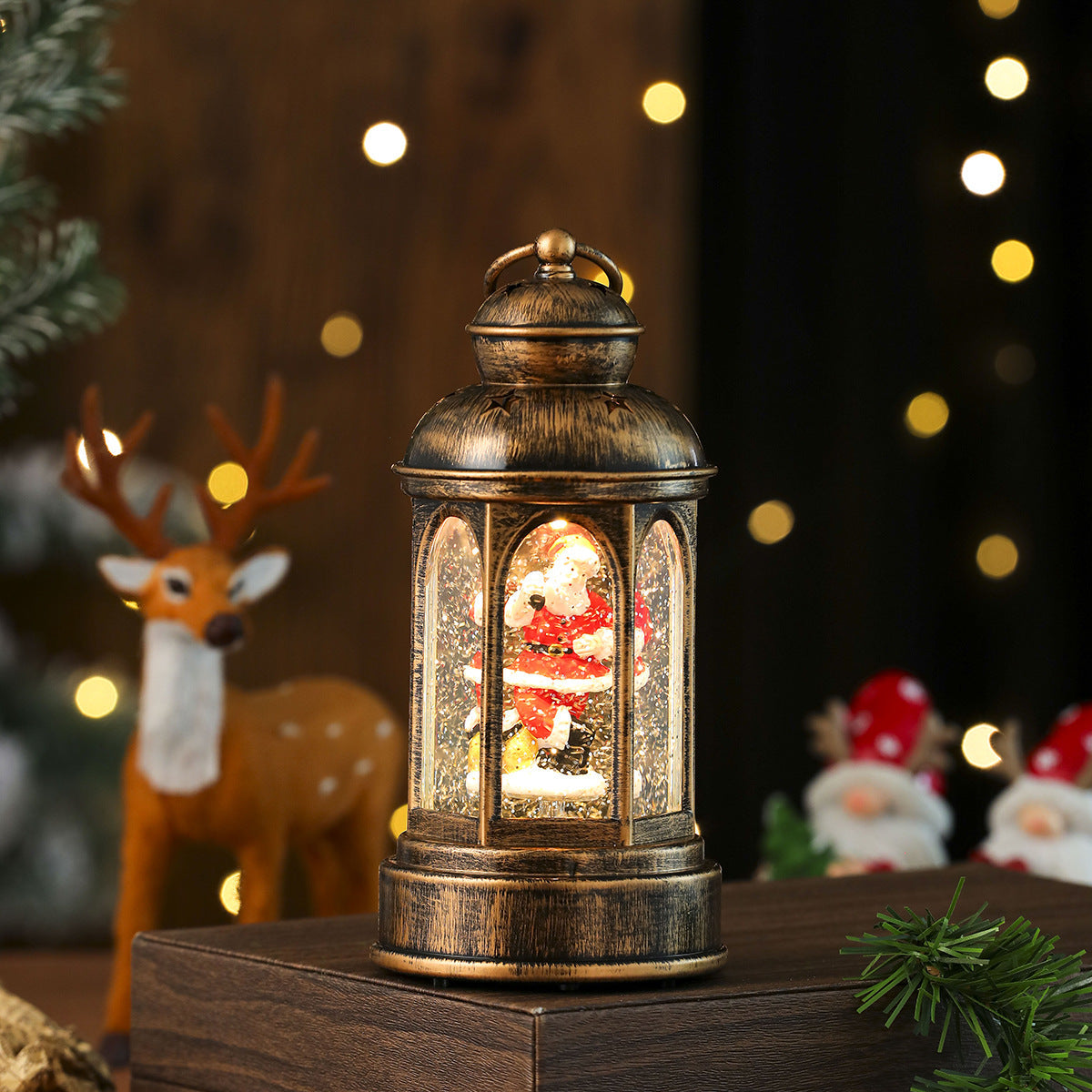 Snow Dusted Lantern with a Mini Christmas Tree and Gifts | Warm LED Lights, Battery Powered | Indoor or Outdoor Tabletop Decor