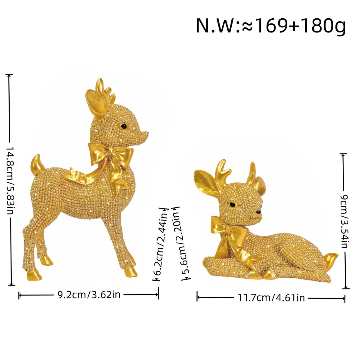 Reindeer Figurine with Glitter Accents and a Festive Bow | Christmas Deer Decor in Gold, Silver, White or Red | Holiday Sculpture