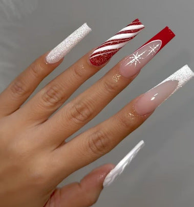 Christmas Acrylic Nails with Glitter and Candy Stripe Art | Long Coffin Press On Tips | Comfortable Fit for Parties