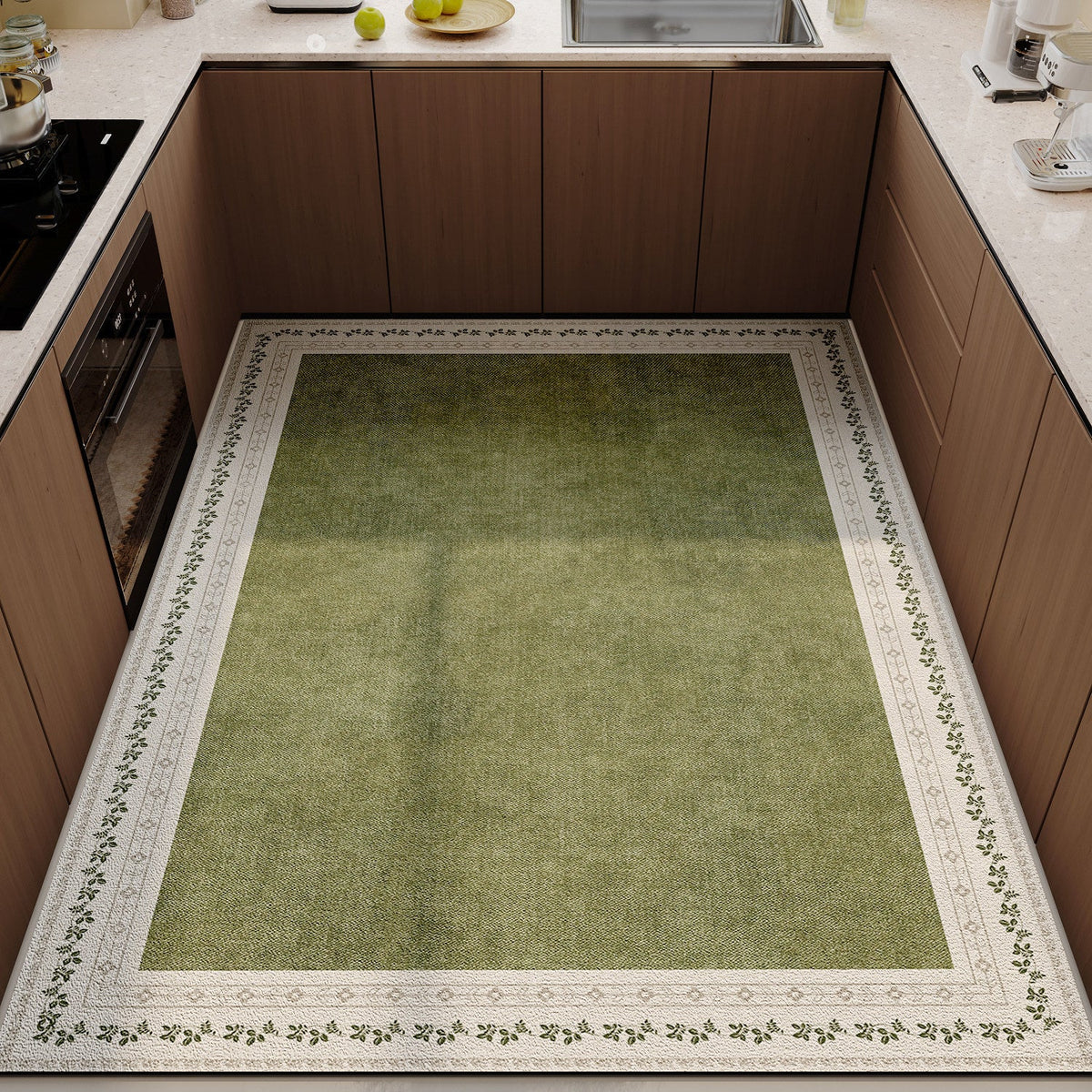 Floral Print Kitchen Rug with Non-Slip Backing | Soft Underfoot and Machine Washable | Green Moss Shades