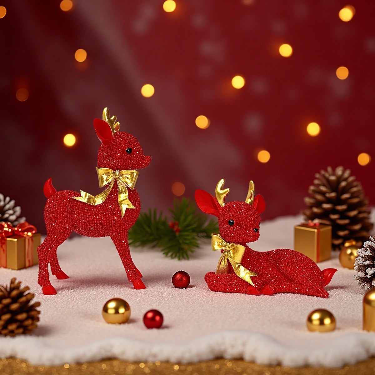Reindeer Figurine with Glitter Accents and a Festive Bow | Christmas Deer Decor in Gold, Silver, White or Red | Holiday Sculpture