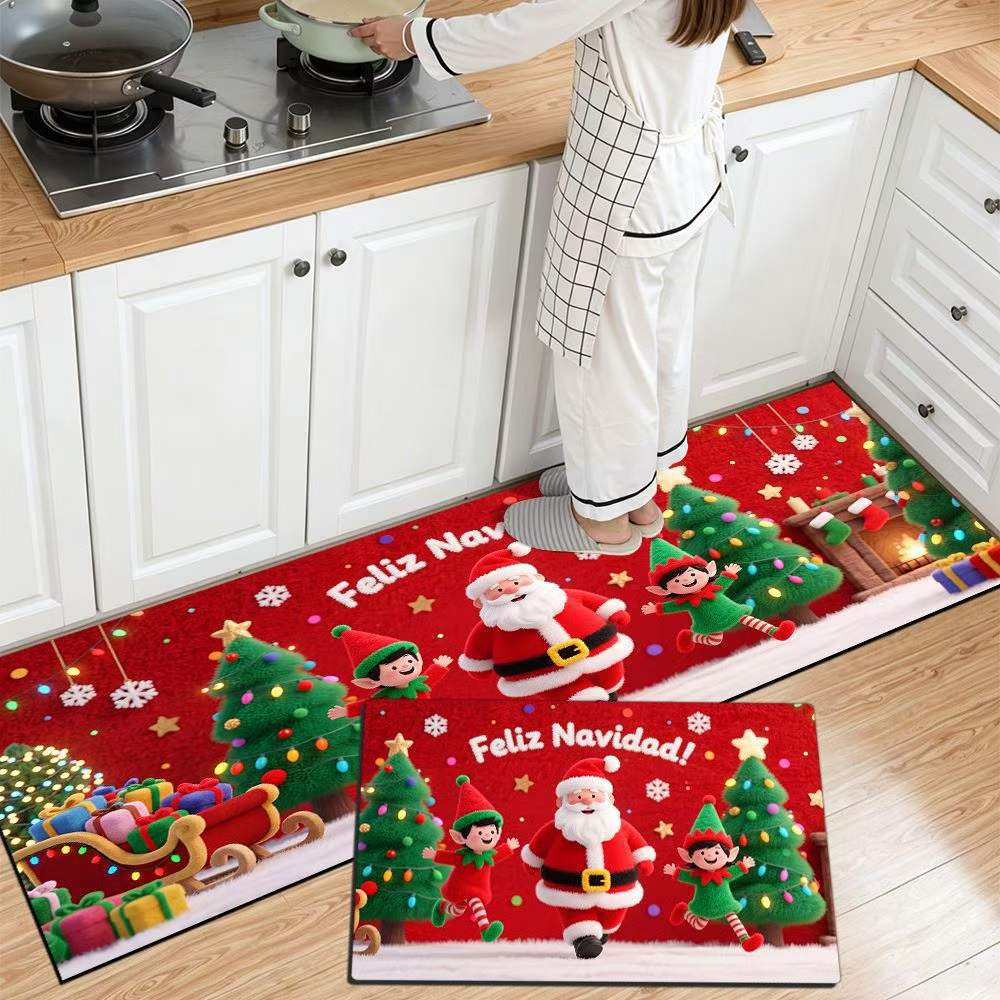 Christmas Kitchen Runner with Tree and Ornament Print | Cushioned Non-Slip Indoor Mat | Festive Floor Decor for Sink and Stove