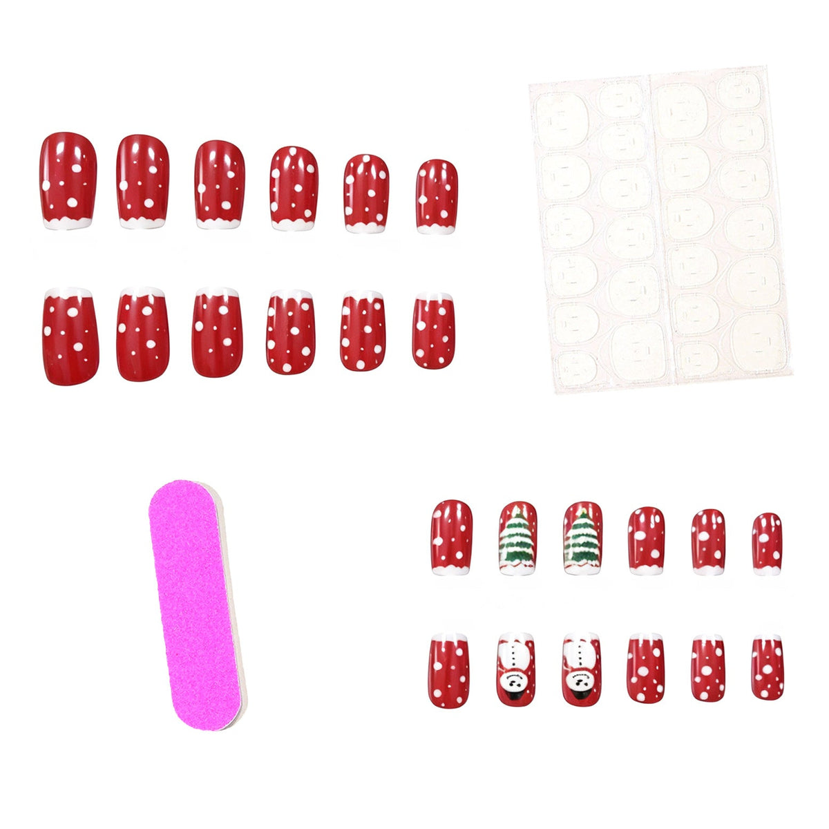 Christmas Tree Nails in Red with Polka Dot Art | Short Square Acrylic Tips | Snowman Accent, Comfortable Fit