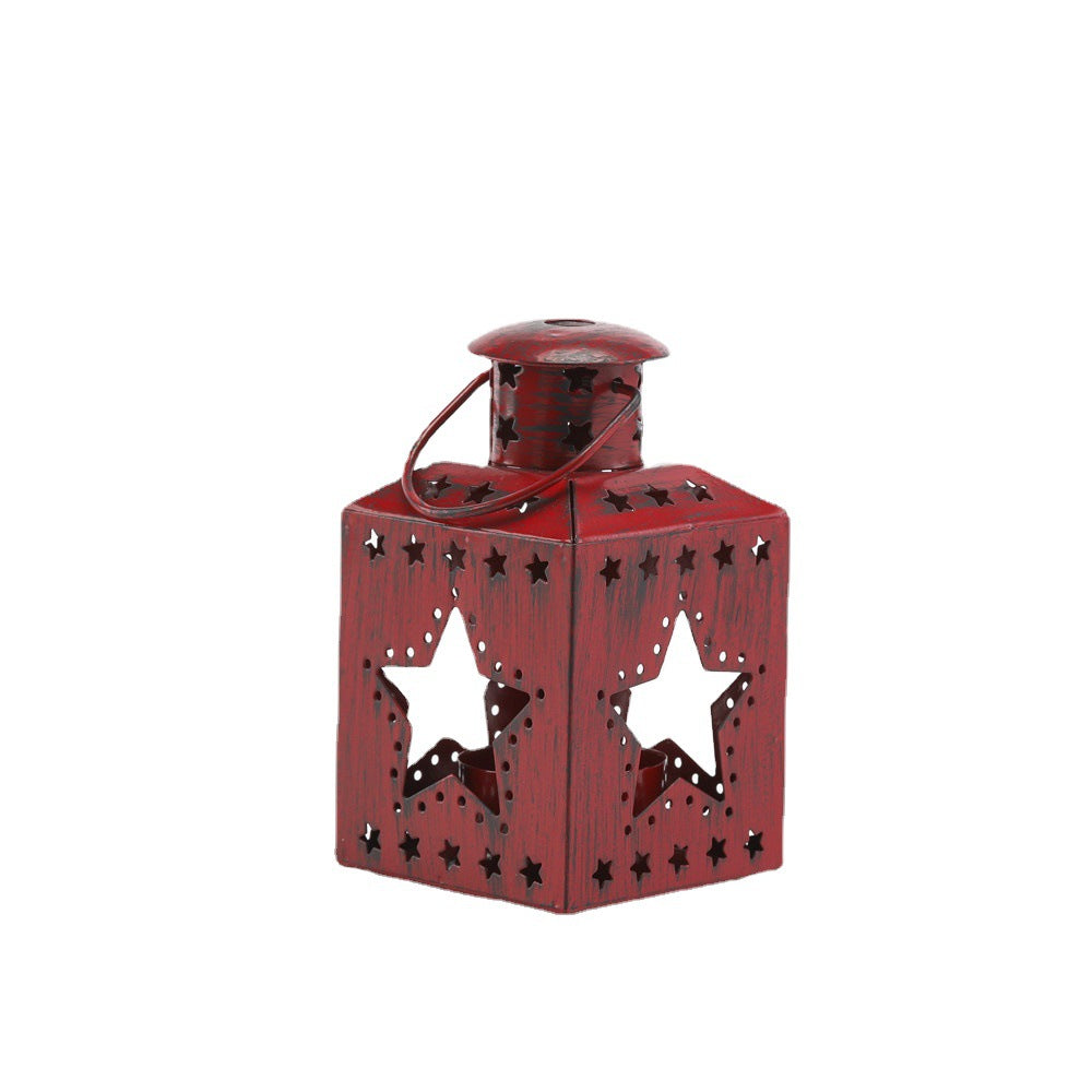 Square Tea Light Lantern with Christmas Tree Cutouts | Distressed Xmas Candle Holder for Mantel | Festive Star Design
