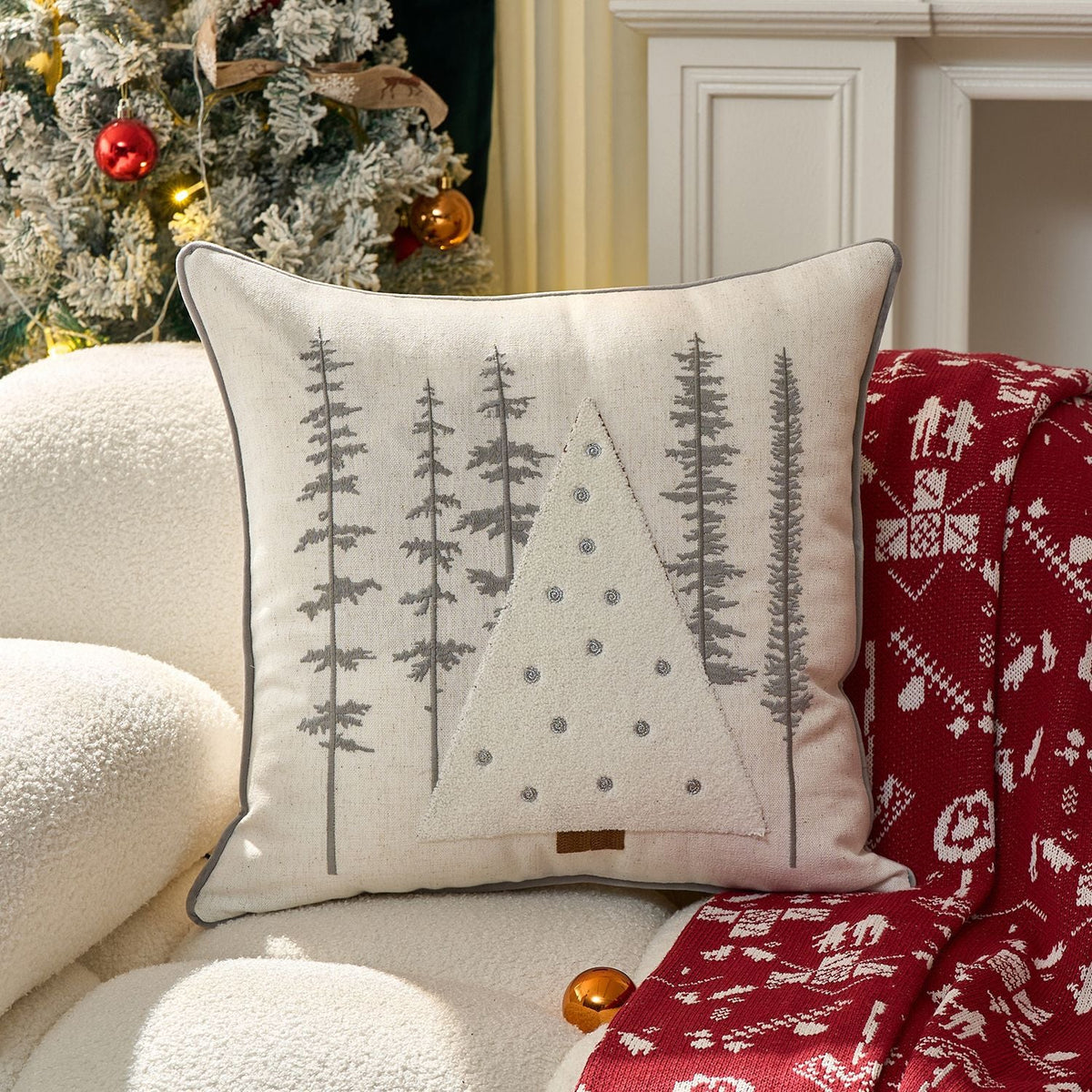 Tufted Chenille Merry Christmas Lumbar Pillow | Piped Edge on a Woven Cover | Red and Green Festive Decorations