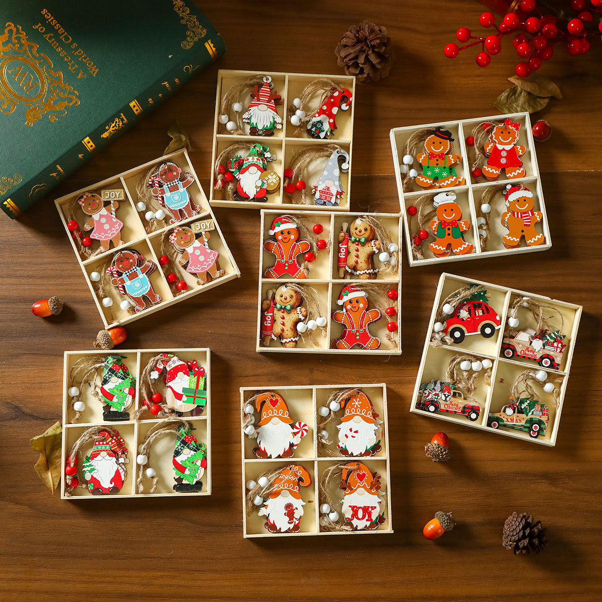 Gnome Christmas Ornaments Set with String Included | Hang on Trees, Wreaths or Gift Tags | Lightweight Wooden Decorations