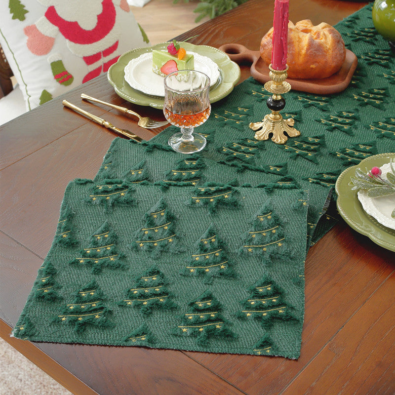 Christmas Table Runner with Tree Pattern and Gold Accents | Festive Green Xmas Linen for Dining and Buffet | Holiday Decor