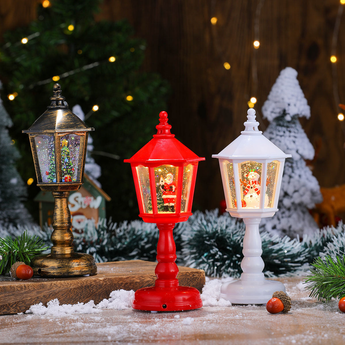 Street Lamp Lantern with Christmas Lights | Santa Figure Inside, in Red or White | Indoor and Outdoor Tabletop Decor