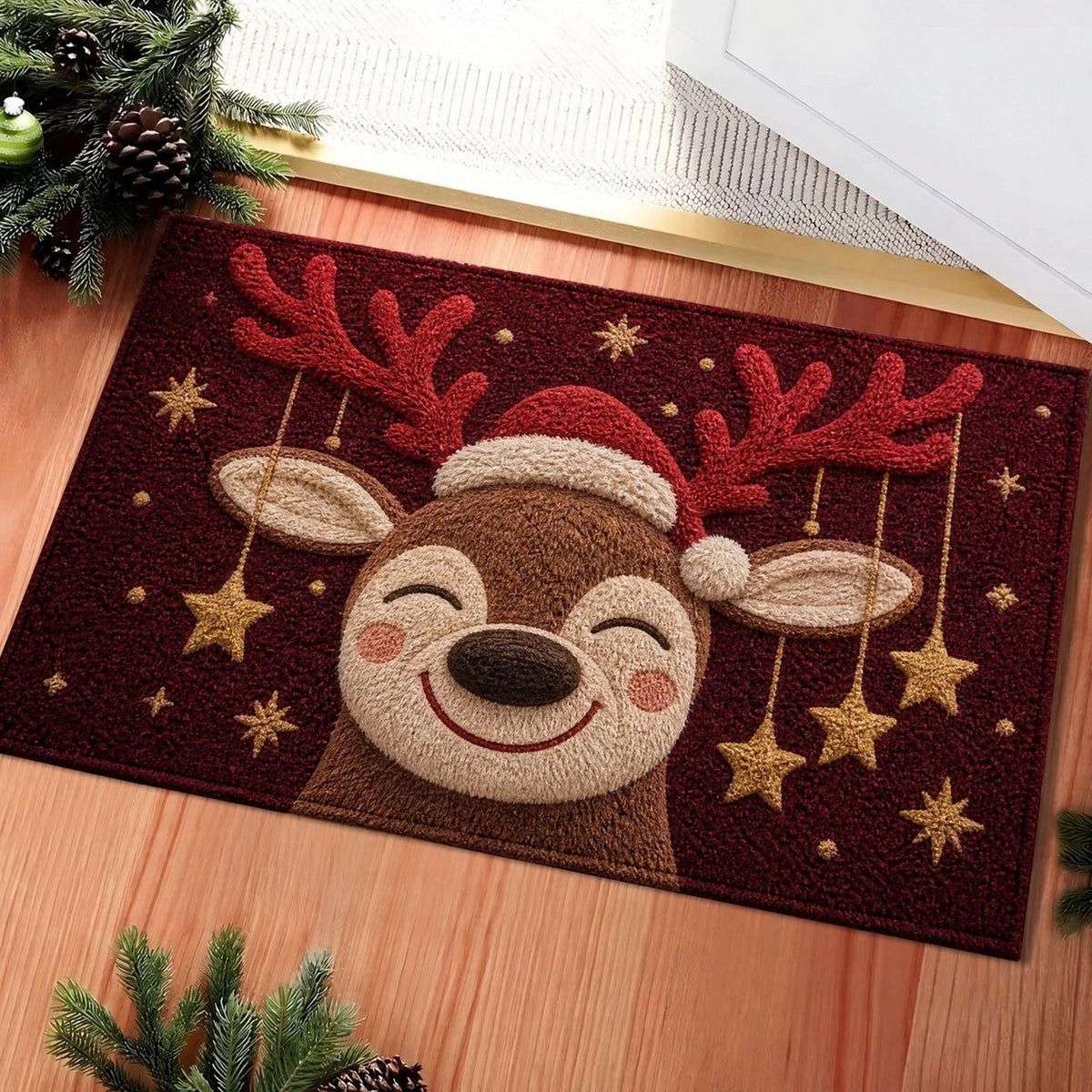 Christmas Door Mat with Santa, Reindeer and Gingerbread Prints | Non-Slip Backing, Weather Resistant Fibers | 4 Sizes