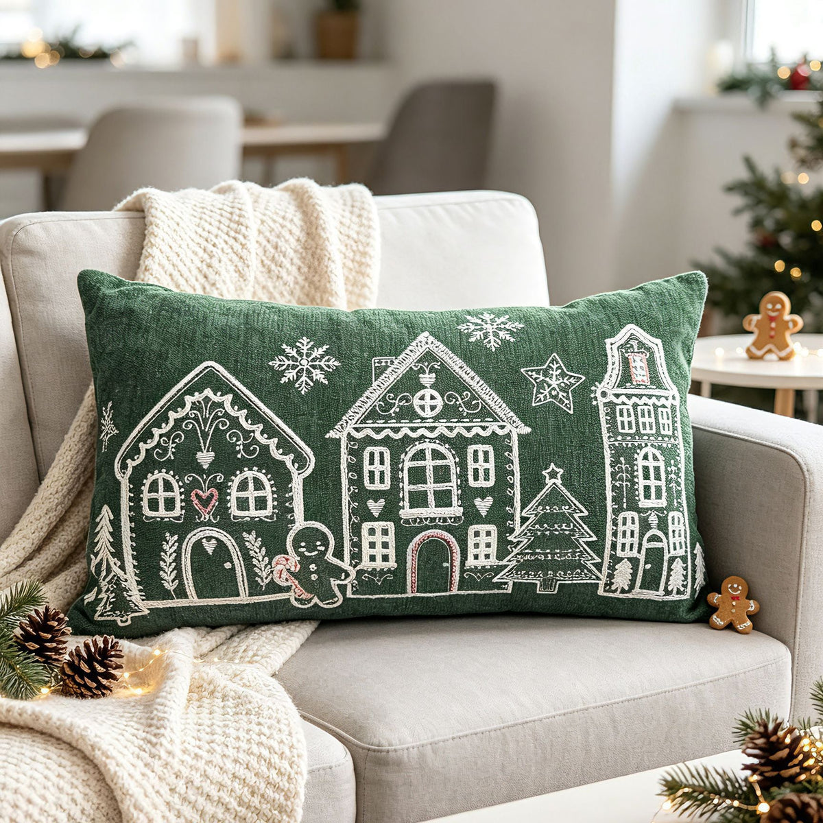 Christmas Bedroom Pillow Cover with Embroidered Gingerbread Houses | Soft Velvet Style Fabric, Hidden Zipper | Six Designs, Two Sizes