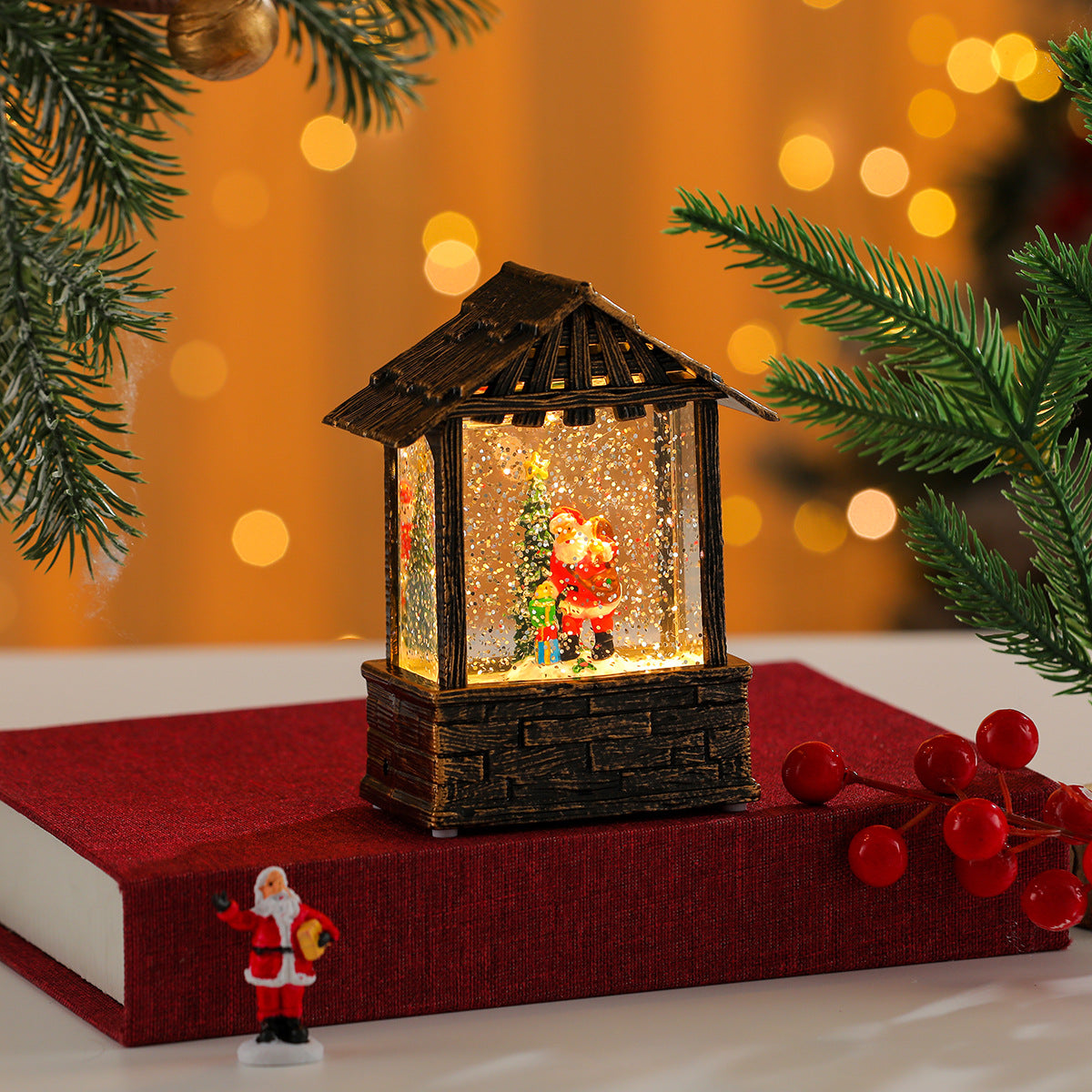 Wooden Lantern with Soft Christmas Lights | Lit Santa Scene and Snowflake Detail | Easy On Off Switch for Tabletop Decor