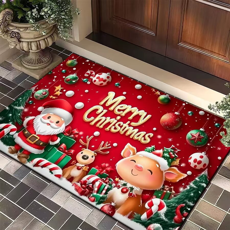 Christmas Door Mat with Santa, Reindeer and Ornaments | Festive Xmas Welcome Rug for the Porch | Holiday Entrance Decor