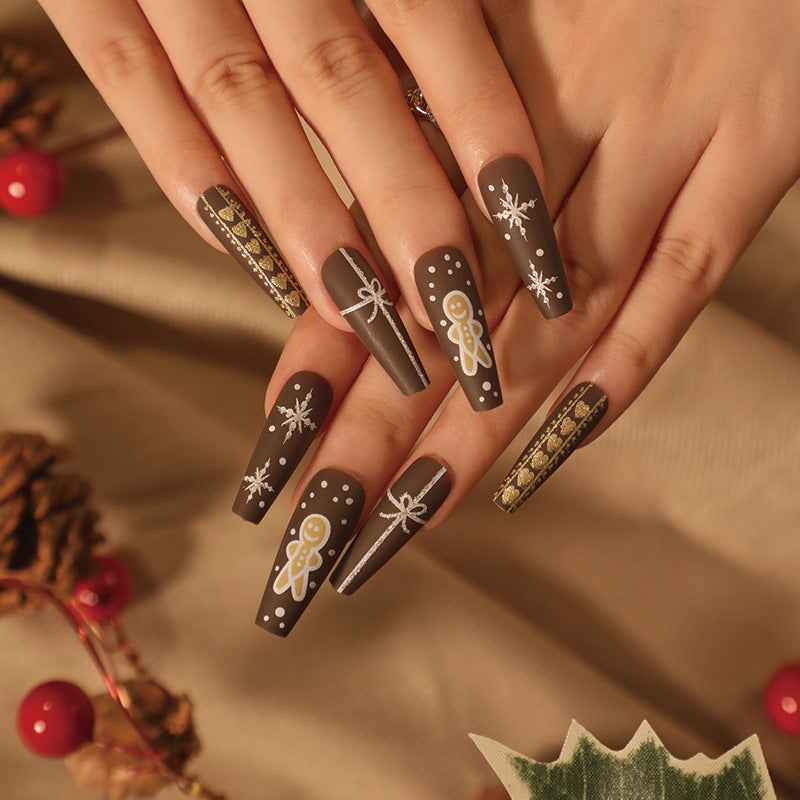 Gingerbread Christmas Nails in Blue Acrylic | Press On Nail Set That Is Easy to Remove | Festive Xmas Manicure for Parties