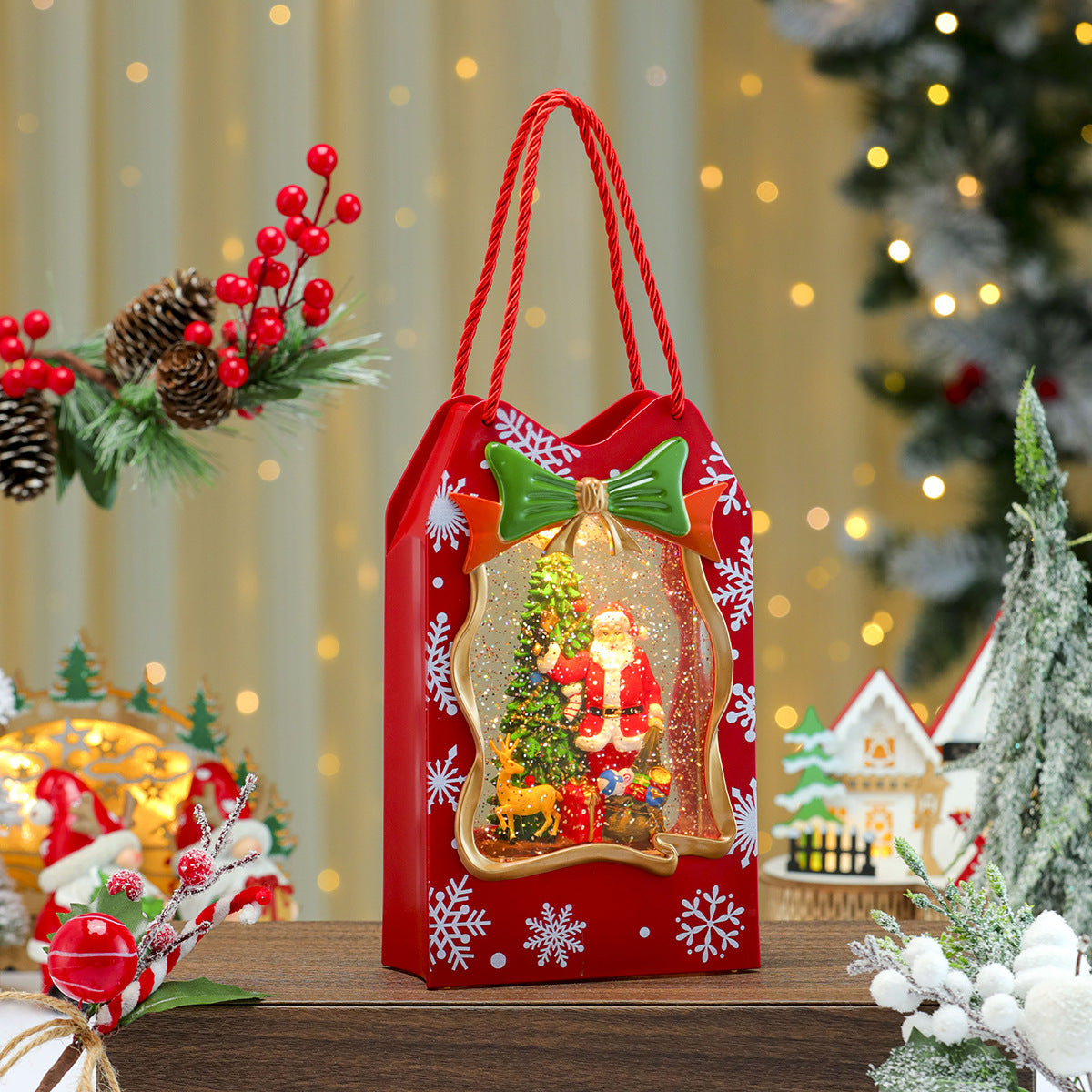 Christmas Gift Bag with a Santa Window Scene | Sturdy Paper with Twisted Handles and Glitter Trim | Doubles as Table Decorations