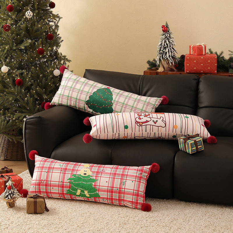 Extra Long Plaid Lumbar Pillow for Christmas Living Room | Pom-Pom Corners, Cotton Blend Cover | 13.78 x 35.43 in, Five Designs