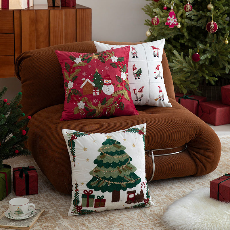 Embroidered Christmas Pillow Cover with Snowman and Fir Sprigs | Cotton Linen Blend, Invisible Zipper | Indoor Decorations
