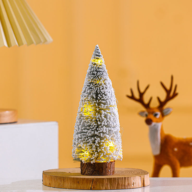 Mini Christmas Tree with Built-In LED Lights | Snow Dusted Finish on a Wooden Base | Warm Glow for Desks and Shelves