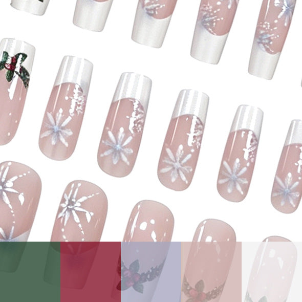 Christmas Press-On Nails with Holly and Red Berry Art | Snowflake Accents on a Nude Base | Chip-Resistant Wear