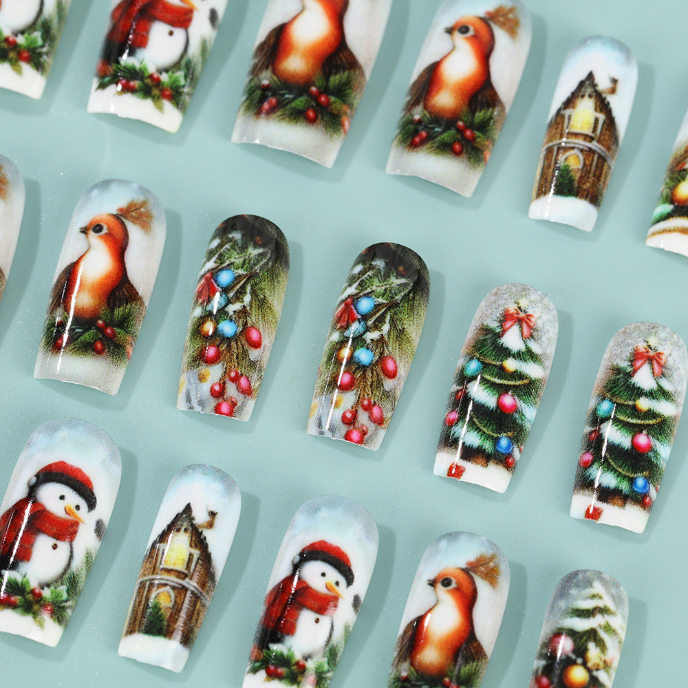 Christmas Nails with Snowmen and Tree Scenes | Press On Nail Set in White | Festive Winter Manicure for Xmas Parties