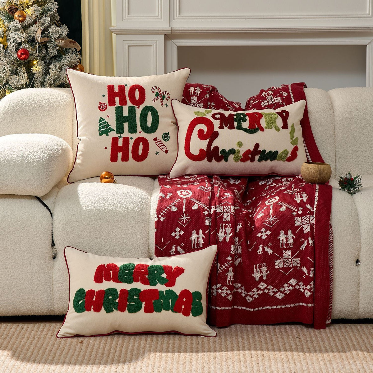 Tufted Chenille Merry Christmas Lumbar Pillow | Piped Edge on a Woven Cover | Red and Green Festive Decorations